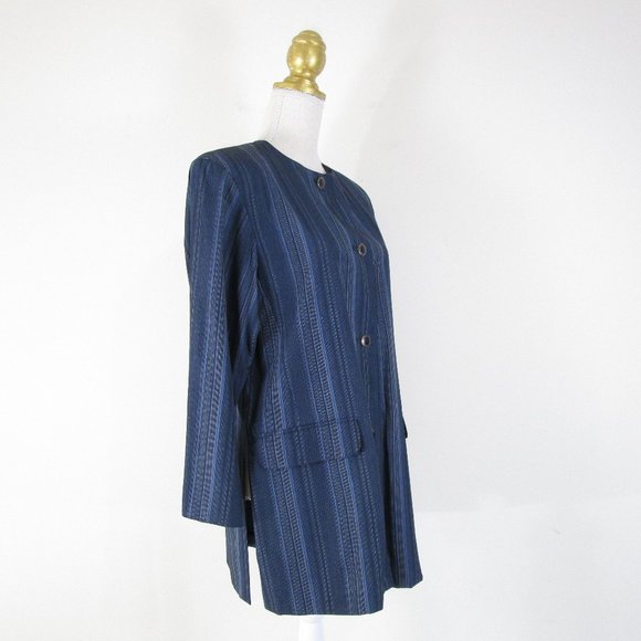 Max Mara Navy Blue Black Striped Wool Blazer Jacket 4 - Picture 5 of 10